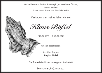 Traueranzeige von Klas Bößel von Südthüringer Presse