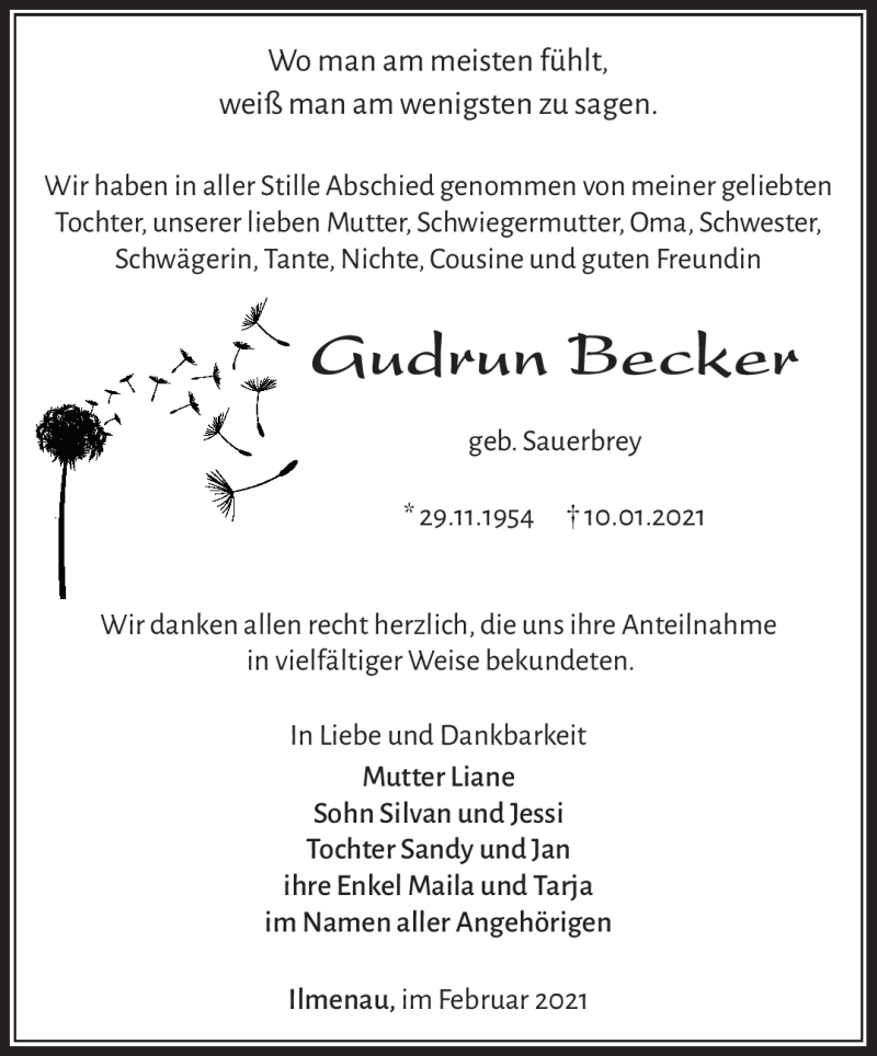  Traueranzeige für Gudrun Becker vom 06.02.2021 aus Südthüringer Presse