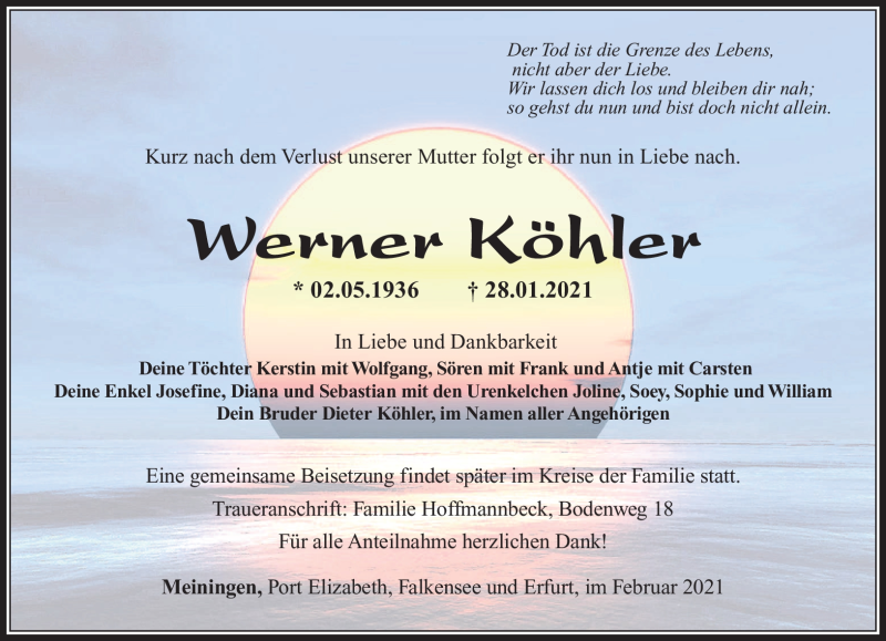  Traueranzeige für Werner Köhler vom 03.02.2021 aus Südthüringer Presse