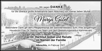 Traueranzeige von Marga Göbel von Südthüringer Presse