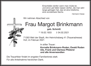 Traueranzeige von Margot Brinkmann von Frankenpost