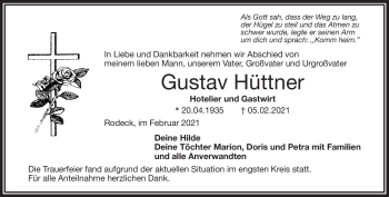 Traueranzeige von Gustav Hüttner von Frankenpost