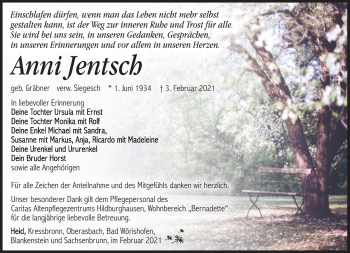 Traueranzeige von Anni Jentsch von Südthüringer Presse