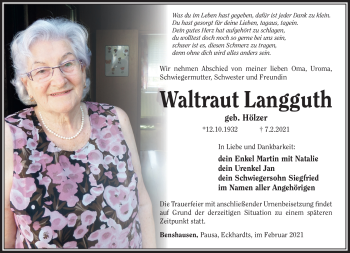 Traueranzeige von Waltraut Langguth von Südthüringer Presse