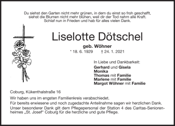 Traueranzeige von Liselotte Dötschel von Neue Presse Coburg