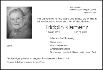 Traueranzeige von Fridolin Klemenz von Neue Presse Coburg