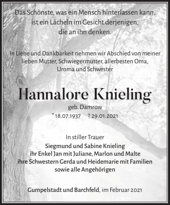 Traueranzeige von Hannalore Knieling von Südthüringer Presse