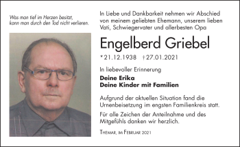 Traueranzeige von Engelberd Griebel von Südthüringer Presse