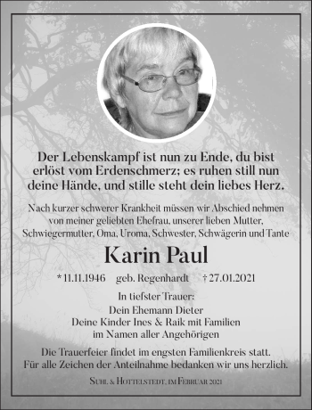 Traueranzeige von Karin Paul von Südthüringer Presse