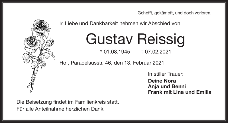  Traueranzeige für Gustav Reissig vom 13.02.2021 aus Frankenpost