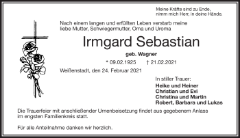 Traueranzeige von Irmgard Sebastian von Frankenpost