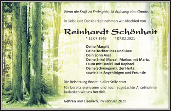Traueranzeige von Reinhardt Schönheit von Südthüringer Presse