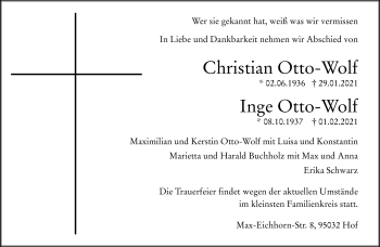 Traueranzeige von ChristianInge Otto-WolfOtto-Wolf von Frankenpost