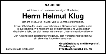 Traueranzeige von Helmut Klug von Neue Presse Coburg