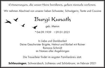 Traueranzeige von Burgi Kunath von Südthüringer Presse