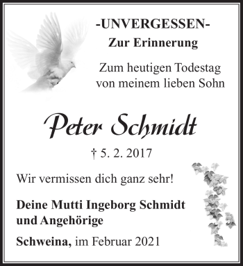 Traueranzeige von Peter Schmidt von Südthüringer Presse