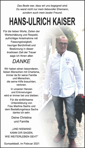 Traueranzeige von Hans-Ulrich Kaiser von Südthüringer Presse