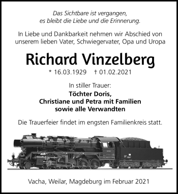 Traueranzeige von Richard Vinzelberg von Südthüringer Presse
