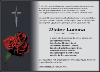 Traueranzeige von Dieter Lumma von Südthüringer Presse