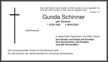 Traueranzeige von Gunda Schinner von Frankenpost
