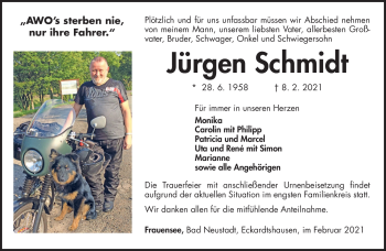 Traueranzeige von Jürgen Schmidt von Südthüringer Presse