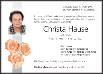 Traueranzeige von Christa Hause von Südthüringer Presse