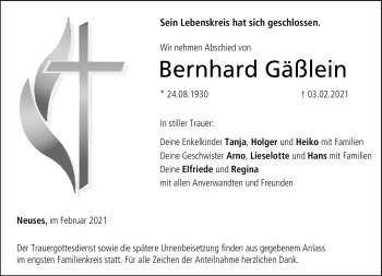 Traueranzeige von Bernhard Gäßlein von Neue Presse Coburg