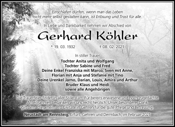 Traueranzeige von Gerhard Köhler von Südthüringer Presse