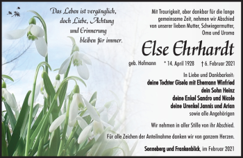 Traueranzeige von Else Ehrhardt von Südthüringer Presse