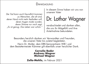 Traueranzeige von Lothar Wagner von Südthüringer Presse
