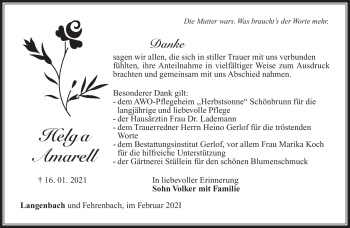 Traueranzeige von Helga Amarell von Südthüringer Presse