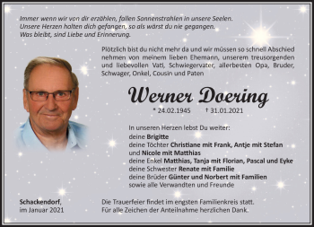 Traueranzeige von Werner Döring von Südthüringer Presse