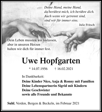 Traueranzeige von Uwe Hopfgarten von Südthüringer Presse