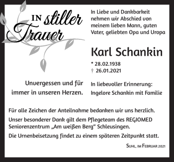 Traueranzeige von Karl Schankin von Südthüringer Presse