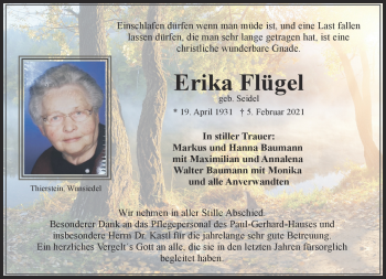 Traueranzeige von Erika Flügel von Frankenpost