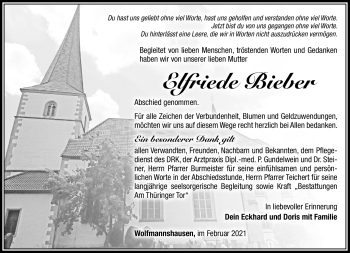 Traueranzeige von Elfriede Bieber von Südthüringer Presse