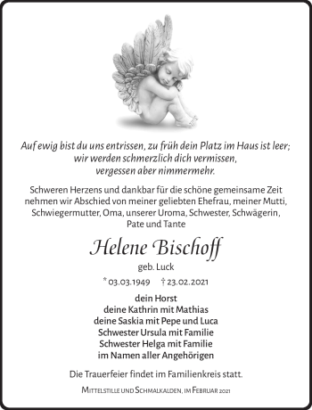 Traueranzeige von Helene Bischoff von Südthüringer Presse