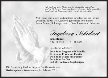 Traueranzeige von Ingeborg Schubert von Südthüringer Presse