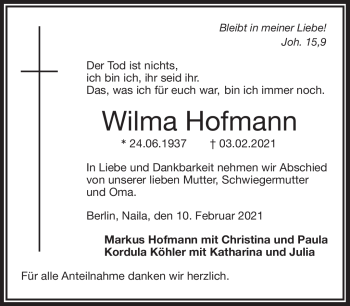 Traueranzeige von Wilma Hofmann von Frankenpost