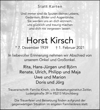Traueranzeige von Horst Kirsch von Frankenpost
