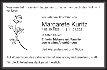 Traueranzeige von Margarete Kuritz von Frankenpost