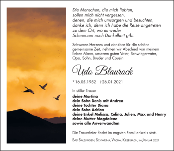 Traueranzeige von Udo Blaurock von Südthüringer Presse