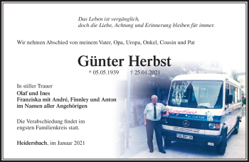 Traueranzeige von Günter Herbst von Südthüringer Presse