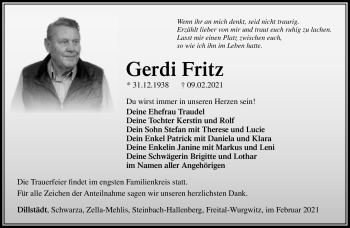 Traueranzeige von Gerdi Fritz von Südthüringer Presse