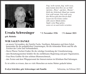Traueranzeige von Ursula Schwesinger von Südthüringer Presse