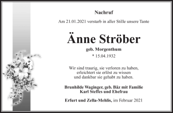 Traueranzeige von Änne Ströber von Südthüringer Presse