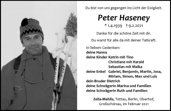 Traueranzeige von Peter Haseney von Südthüringer Presse