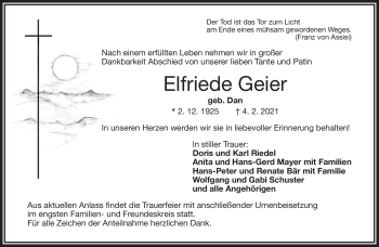 Traueranzeige von Elfriede Geier von Frankenpost