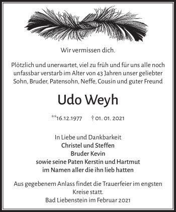 Traueranzeige von Udo Weyh von Südthüringer Presse