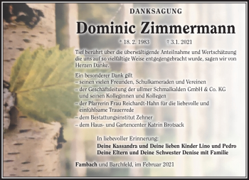 Traueranzeige von Dominic Zimmermann von Südthüringer Presse